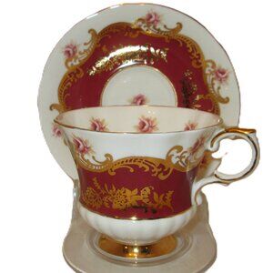 Paragon fine bone china burgundy & gold & pink flower buds teacup & saucer
